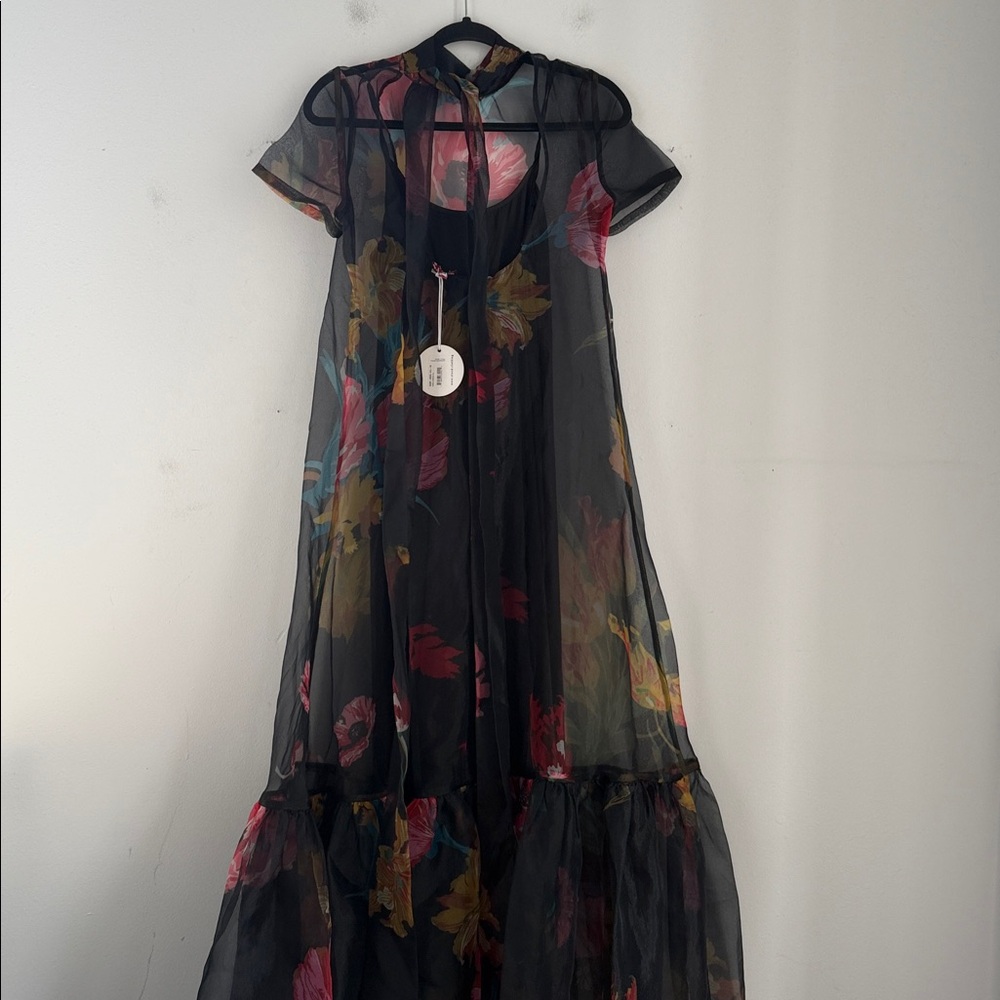 NWT Staud floral print sheer lined shirt sleeve hi neck maxi dress sz S - Picture 10 of 11